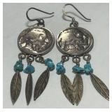 STERLING SILVER BUFFALO NICKEL COIN EARRINGS 13.7G
