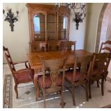 16 - ETHAN ALLEN DINING TABLE, CHAIRS, CHINA HUTCH