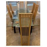 16 - MODERN GLASS-TOP DINING TABLE WITH SIX CHAIRS