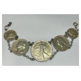 STERLING SILVER BRACELET WITH SILVER COINS 32.70GS
