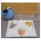 503 - POTTERY PITCHER, GLASS DECANTER, PLANTER