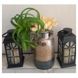 503 - CANDLE LANTERNS & VASE WITH FAUX FLOWERS