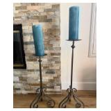 20 - PAIR OF WROUGHT IRON PILLAR CANDLE HOLDERS