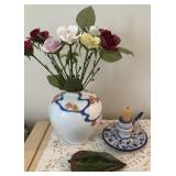 J1 - VASE W/ PORCELAIN ROSES, CANDLE HOLDER