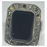 STERLING SILVER MARCASITE/ONYX SIZE6 RING 5.70G