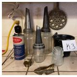 M - VINTAGE MOTOR OIL BOTTLES, GLASS INSULATOR (K3