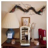 M - TABLE LAMP, WALL DECOR, CANDLES, SEWING BOX