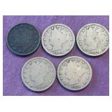 443 - FIVE COLLECTIBLE LIBERTY 'V' NICKELS (d10)