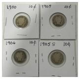 4 SILVER BARBER DIME