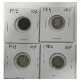 4 SILVER BARBER DIME