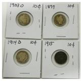4 SILVER BARBER DIME