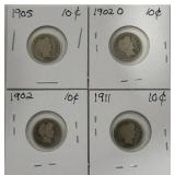4 SILVER BARBER DIME