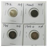 4 SILVER BARBER DIME
