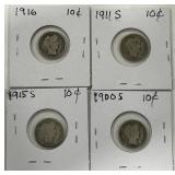 4 SILVER BARBER DIME