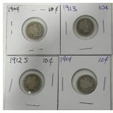 4 SILVER BARBER DIME