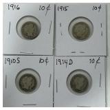 4 SILVER BARBER DIME
