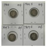 4 SILVER BARBER DIME