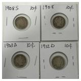 4 SILVER BARBER DIME