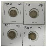 4 SILVER BARBER DIME