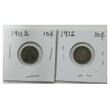 2 SILVER BARBER DIME