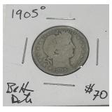 1905  SILVER BARBER QUARTER DOLLAR