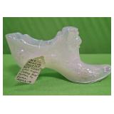 U - FENTON WHITE IRIDIZED GLASS SLIPPER (P109)