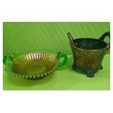 U - GREEN OPALESCENT HANDLED BOWL, CARNIVAL BASKET