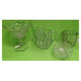 U - VINTAGE GLASS PEDESTAL BOWL, PITCHERS, BOWL