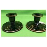 U - PAIR OF VINTAGE GLACK GLASS CANDLESTICKS (A7)