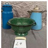 U - GRANITE WARE COLANDER, COFFEE POT, MILK CAN