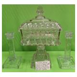 CRYSTAL WEDDING COVERED COMPOTE DISH, CANDLESTICKS