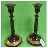 U - PAIR OF PURPLE GLASS W/ GOLD TRIM CANDLESTICKS