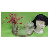 U - MIRRORED TRAY, VASE, LIDDED JAR, WIG W/ STAND