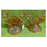 U - PAIR OF VINTAGE AMBER GLASS CANDLE HOLDERS