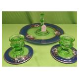 U - URANIUM GLASS CANDLE HOLDERS & TRAY (P275)