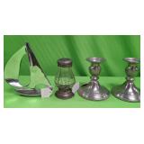 U - VINTAGE CANDLE STICKS, SALT SHAKER, SAILBOAT