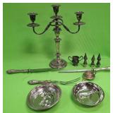 U - VINTAGE CANDELABRA, CARVING SET, DISHES (P388)