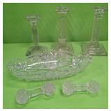 U - LOT OF THREE CANDLESTICKS, KNIFE RESTS, DISH