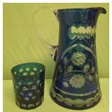 U - LARGE BLUE CUT TO CLEAR PITCHER & CUP (P67)
