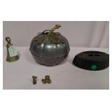 U - LIDDED PUMPKIN DISH, BRASS BELL, ANTIQUE IRON