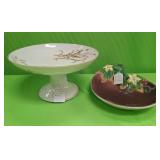 PORCELAIN PEDESTAL DISH W/ GOLD TRIM CERAMIC DISH