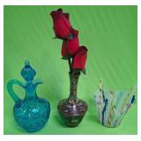 U - VINTAGE CLOISONNE VASE, GLASS CRUET, & VASE