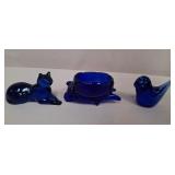 U - THREE COBALT BLUE GLASS FIGURINES (P354)