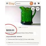U - VINTAGE GREEN OPALESCENT GLASS PITCHER (P300)