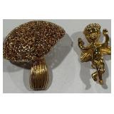GOLDTONE MUSHROOM AND AMGEL BROOCHES (A30)