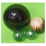 513 - BLOWN GLASS ORBS, GLAZED CERAMIC CARPET BALL