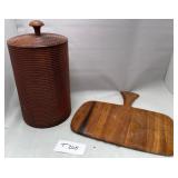 513 - STACKED LEATHER LIDDED JAR, SERVING BOARD