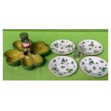 513 - SHAMROCK CANDY DISH, PLATES, SHOT GLASS