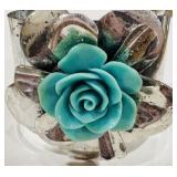 H- VINTAGE SILVER-TONE  AQUA FLOWERCUFF BRACELET