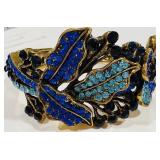 H- VINTAGE GOLD-TONE BLUE RHINESTONES BANGLE